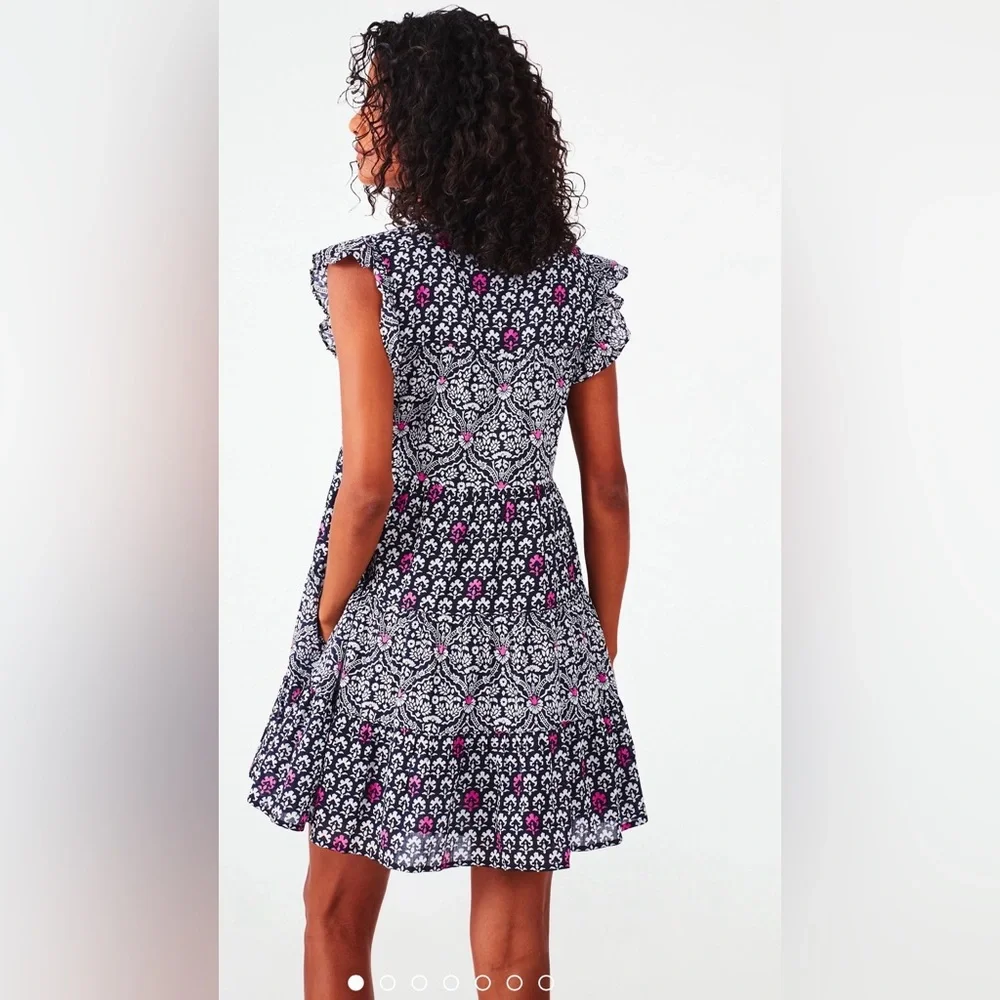 Roller Rabbit Periyar-Dora Pippa Pink Black Block Print Cotton Sundress Large - Picture 3 of 14